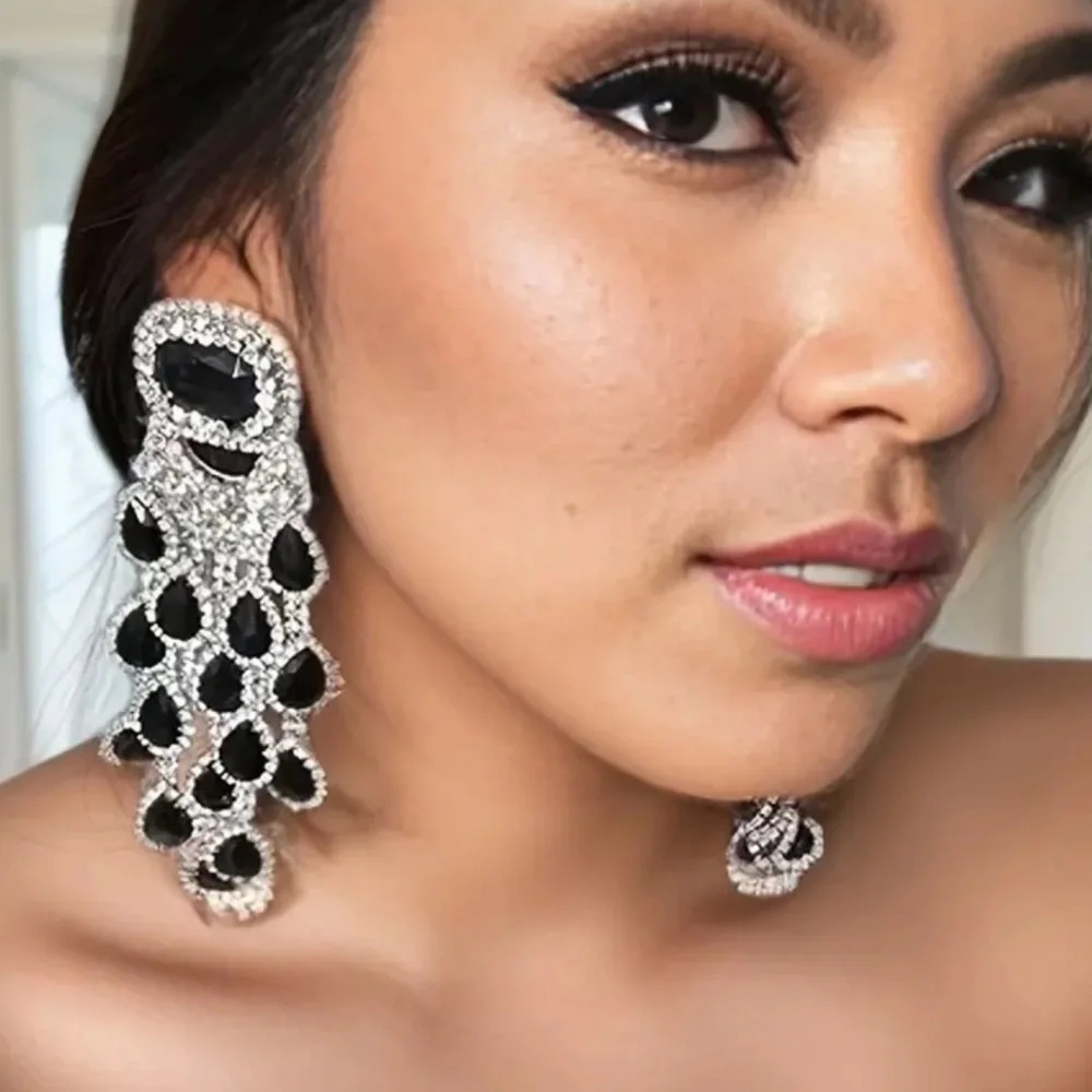 🔥🔥🔥High End Large Black Crystal Rhinestone Chandelier Drop Earrings - Picture 1 of 6